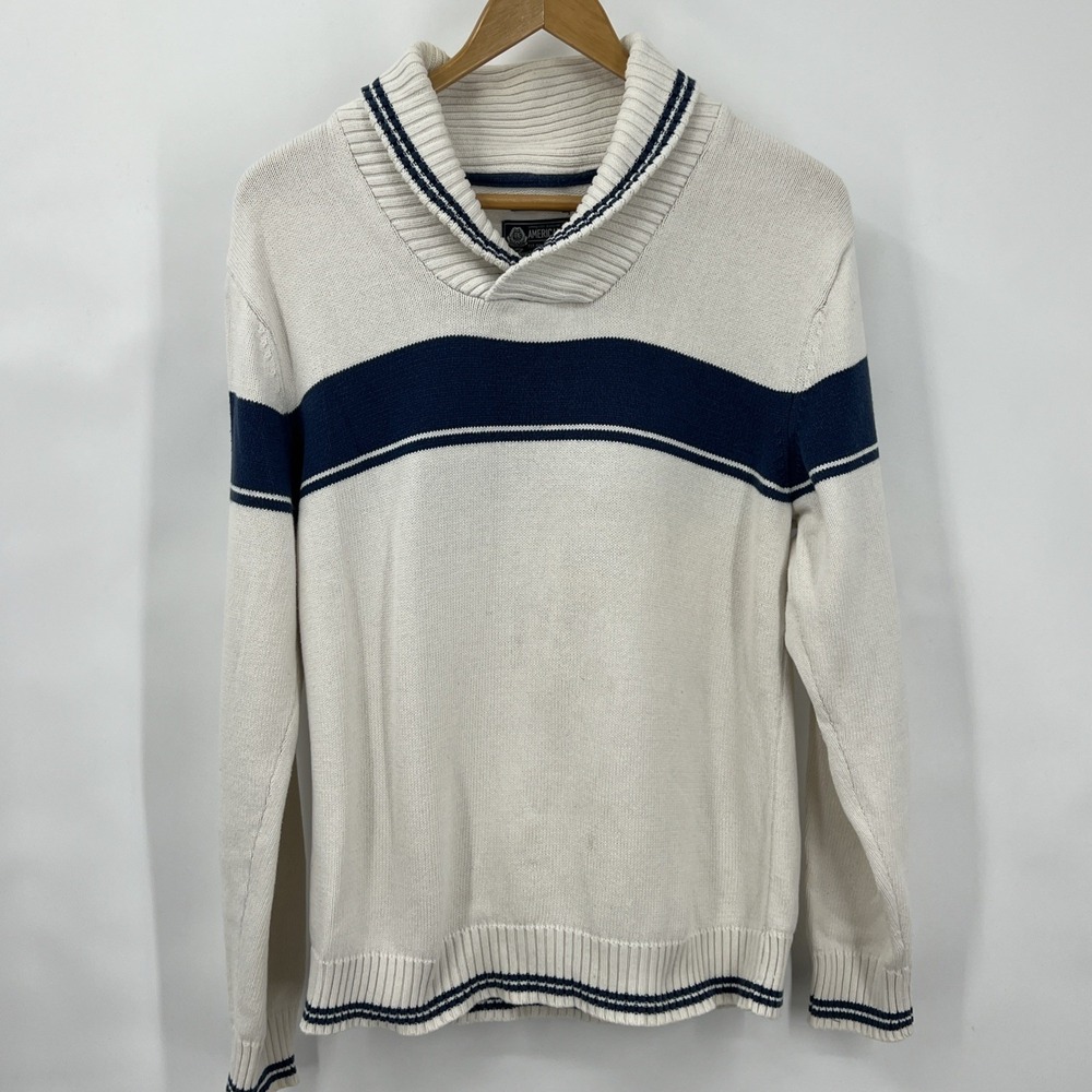 Vtg Men's Medium Ivory Blue Shawl Collar Sweater All Cotton Varsity Preppy Rugby
